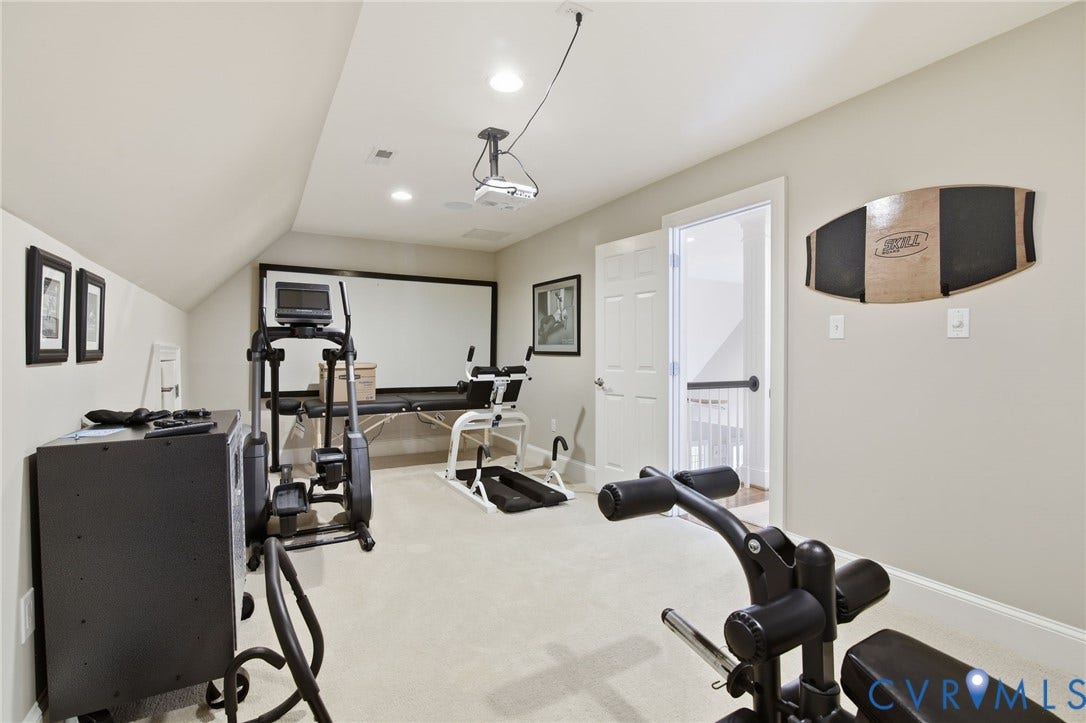 435 Shadow Creek Lane, Manakin Sabot, VA 23103 Carpeted room featuring a ceiling-mounted projector, large projection screen, recessed lighting, and a sloped ceiling