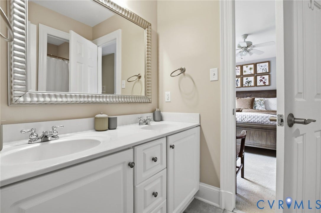 435 Shadow Creek Lane, Manakin Sabot, VA 23103 Bathroom featuring a double vanity with white cabinetry, white countertops, and chrome fixtures