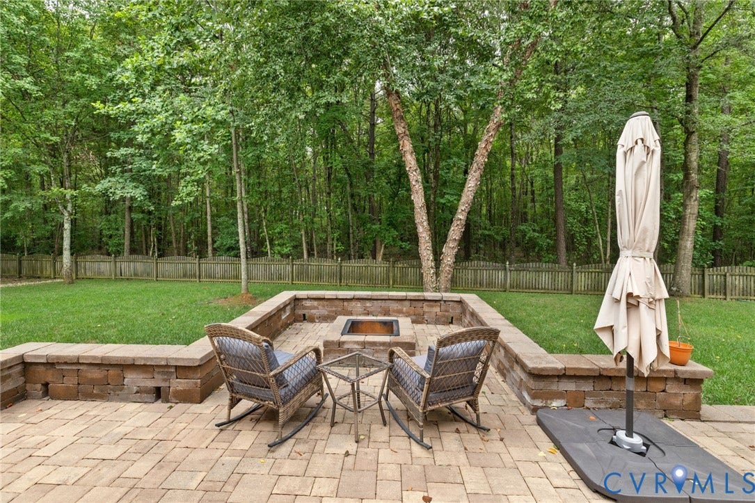 12305 Bradford Landing Way, Wyndham, Glen Allen, VA 23059 Paved patio with a built-in fire pit, surrounded by a low retaining wall