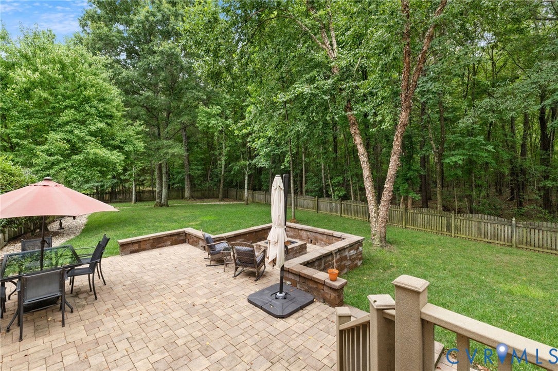 12305 Bradford Landing Way, Wyndham, Glen Allen, VA 23059 Expansive paver patio featuring a built-in fire pit, stone retaining walls, and a private, treed perimeter