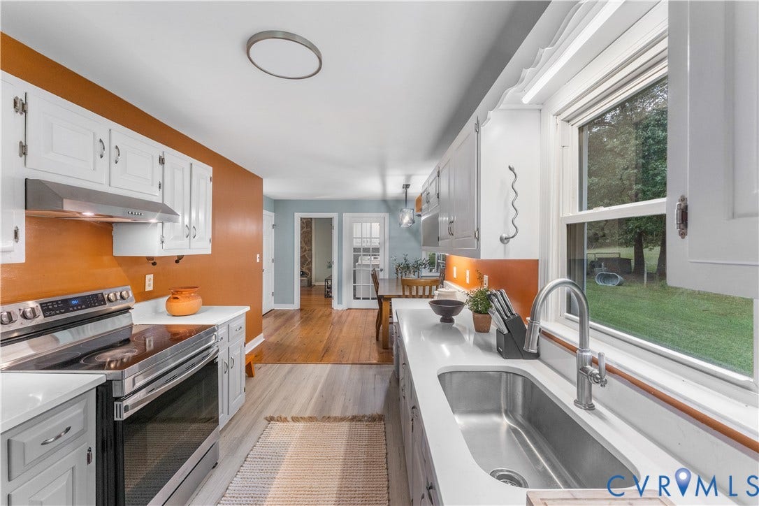 3927 Hughes Creek Road, Powhatan, VA 23139 Kitchen featuring white cabinetry, stainless steel appliances, a stainless steel sink, and a window above the sink
