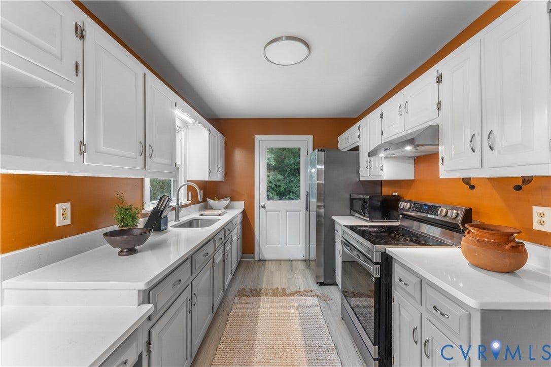3927 Hughes Creek Road, Powhatan, VA 23139 Galley kitchen featuring white upper cabinetry, gray lower cabinetry, light countertops, and a full suite of stainless steel appliances