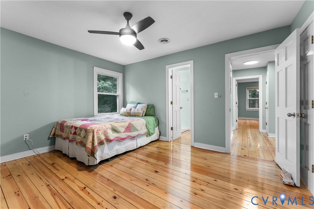 3927 Hughes Creek Road, Powhatan, VA 23139 Hardwood flooring throughout, ceiling fan with integrated lighting, multiple white paneled doors, and a window with white trim