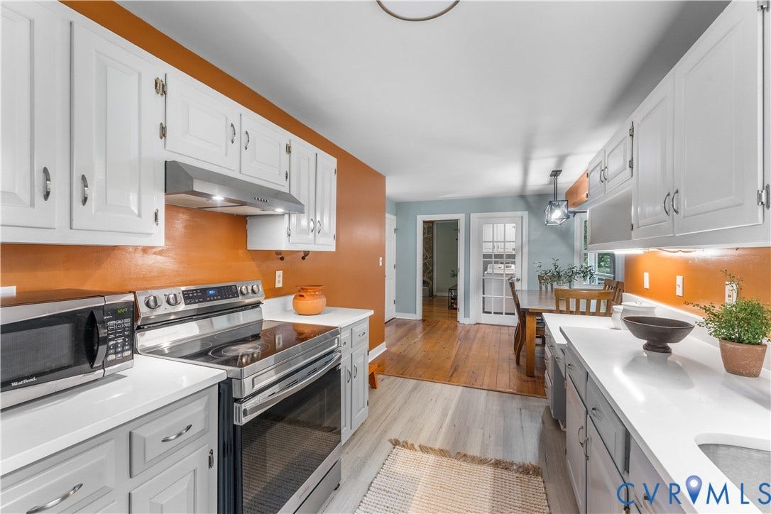 3927 Hughes Creek Road, Powhatan, VA 23139 White cabinetry with under-cabinet lighting, stainless steel appliances, and light-toned countertops