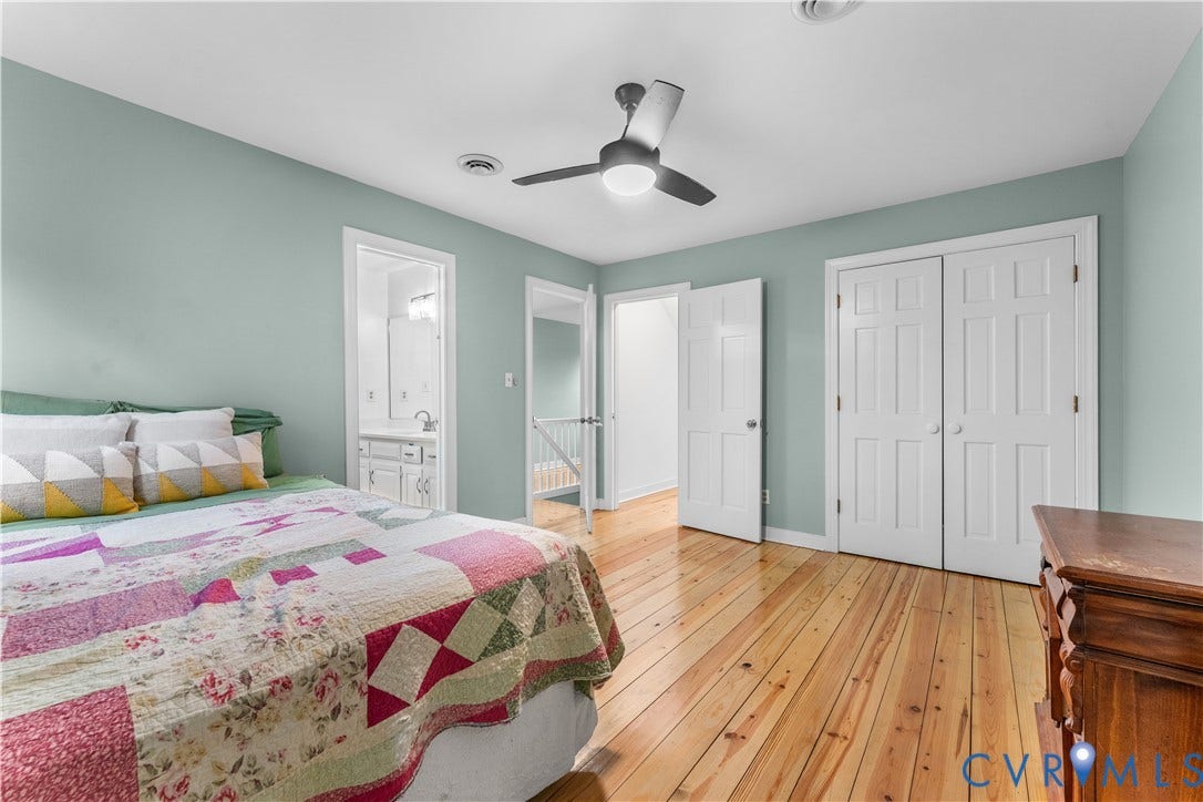 3927 Hughes Creek Road, Powhatan, VA 23139 Hardwood flooring, ceiling fan with integrated lighting, white paneled doors, and light blue wall finish