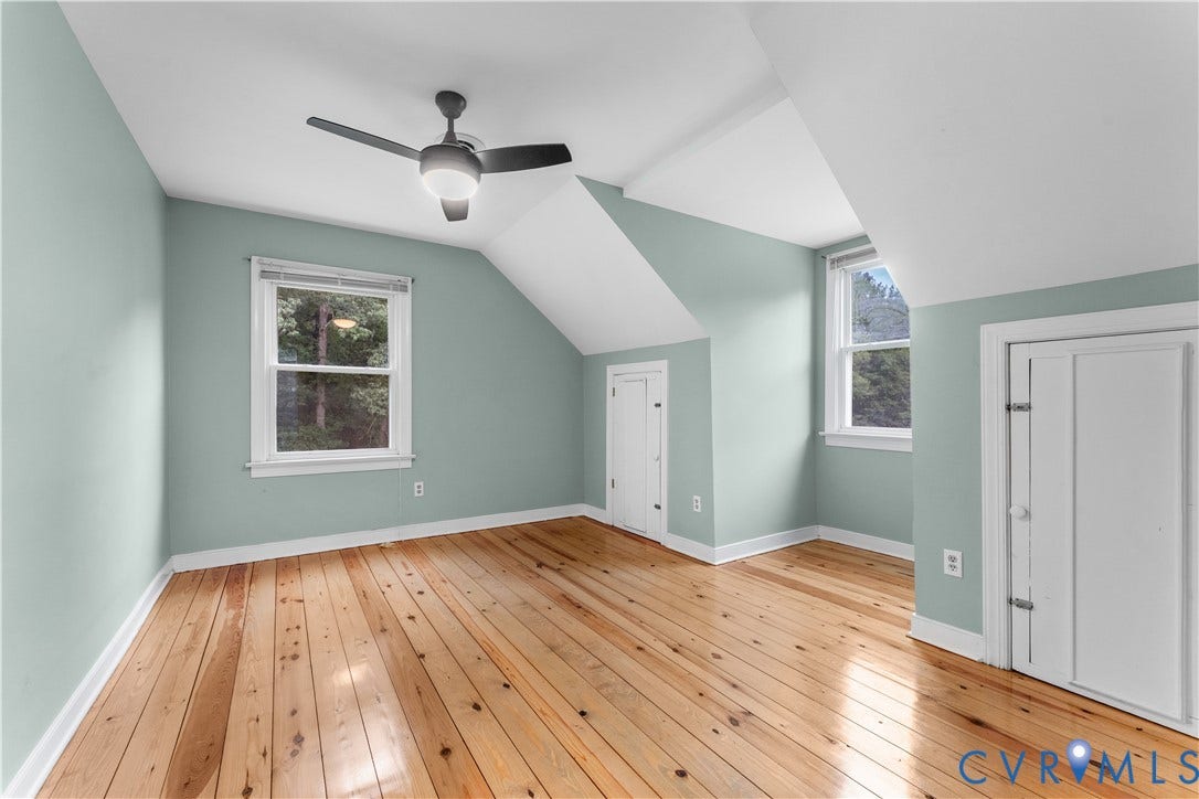 3927 Hughes Creek Road, Powhatan, VA 23139 Hardwood flooring, two windows, angled ceilings, ceiling fan, two built-in storage doors