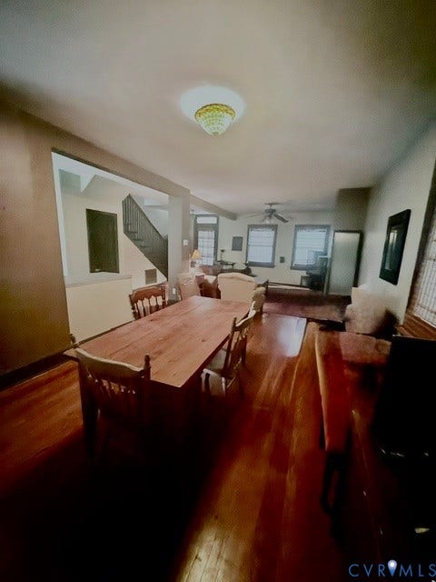 Hardwood flooring throughout dining and living areas