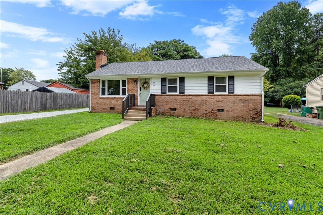 901 Kingsway Road, Woodhaven, Richmond, VA 23225 Brick and siding exterior with a shingle roof, featuring a concrete walkway and front steps