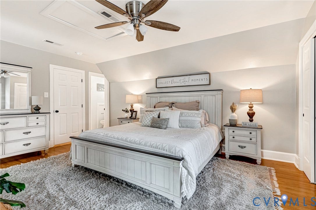 8800 Shewsbury Drive, New Kent, VA 23124 Hardwood flooring throughout this room featuring a ceiling fan with integrated lighting, a built-in access panel, and two panel doors