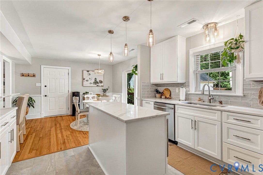 8800 Shewsbury Drive, New Kent, VA 23124 Modern kitchen featuring white cabinetry, a central island with a light-toned countertop, and stainless steel appliances