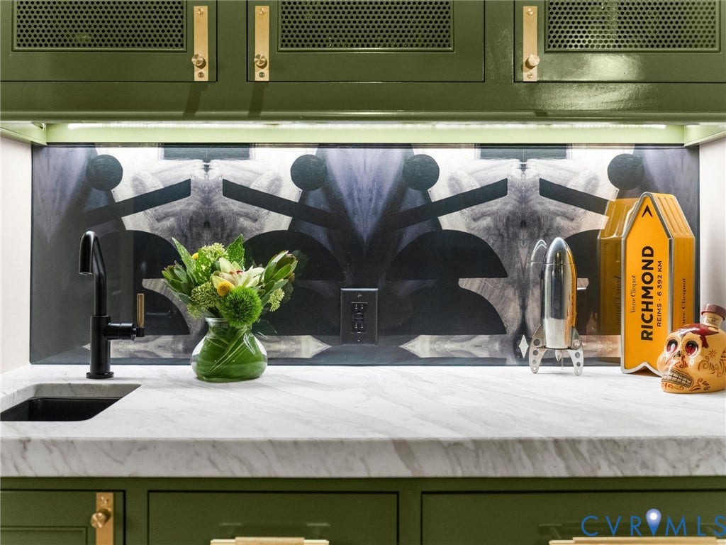 2242 Park Avenue, The Fan, Richmond, VA 23220 Wet bar with custom cabinets with Calcutta Gold mitered marble top