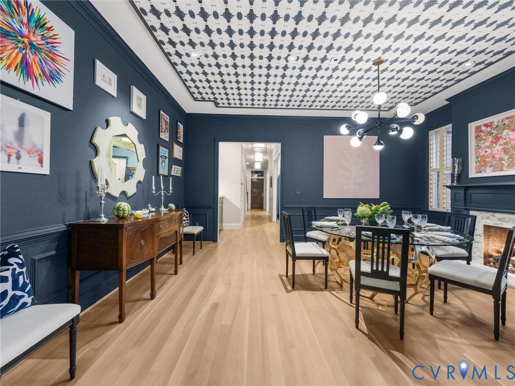 2242 Park Avenue, The Fan, Richmond, VA 23220 Dining room has chandelier and custom wallpaper on ceiling as decorative accent.