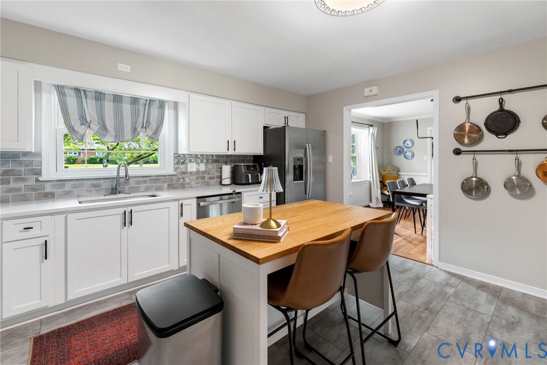 404 Aubery Road, Henrico, VA 23229 Kitchen featuring white cabinetry, light-toned countertops, a light gray subway tile backsplash, and stainless steel appliances
