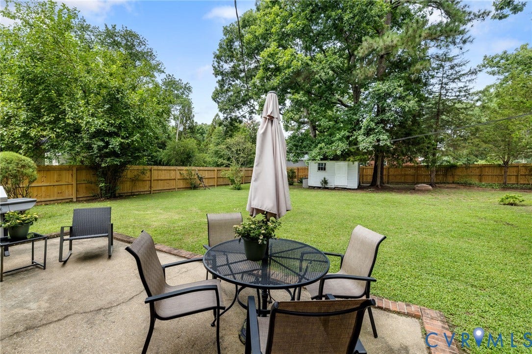 404 Aubery Road, Henrico, VA 23229 Expansive backyard featuring a concrete patio, a wooden privacy fence, a manicured lawn, mature trees, and a storage shed