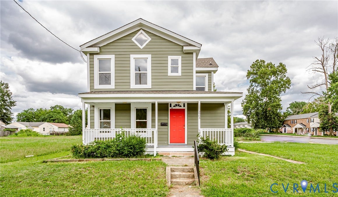 3903 Delmont Street, Henrico, VA 23222 Two-story dwelling with light green siding and a covered front porch featuring white railings