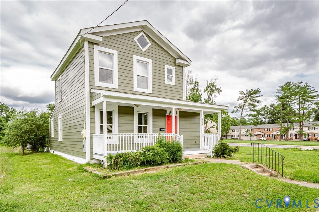 3903 Delmont Street, Henrico, VA 23222 Two-story residence featuring sage green siding, white trim, and a welcoming covered front porch with white railings