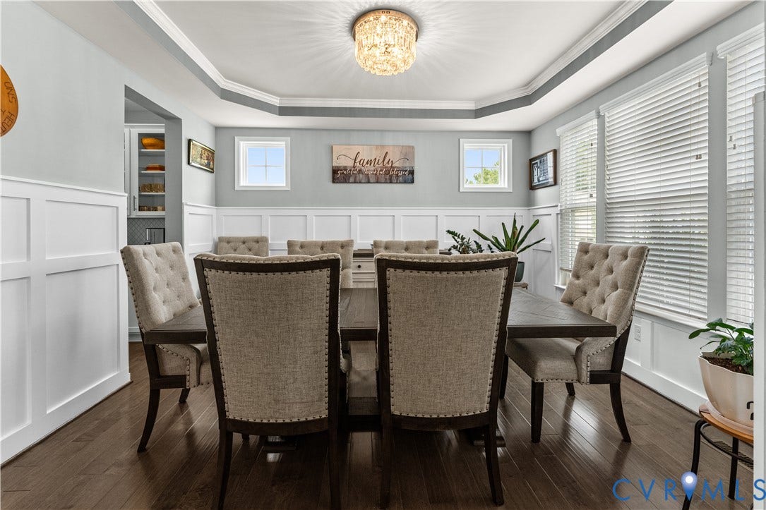 8800 Glen Royal Drive, Chesterfield, VA 23832 Formal dining area featuring hardwood flooring, wainscoting, and a tray ceiling with a chandelier