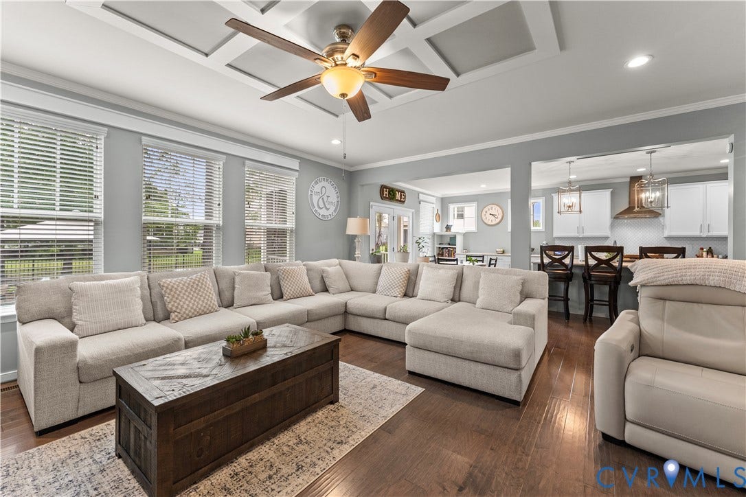 8800 Glen Royal Drive, Chesterfield, VA 23832 Spacious living area featuring coffered ceilings, dark wood-finish flooring