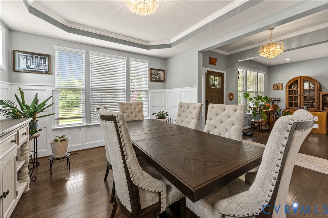 8800 Glen Royal Drive, Chesterfield, VA 23832 Dining area featuring hardwood flooring, wainscoting, and a tray ceiling with a chandelier