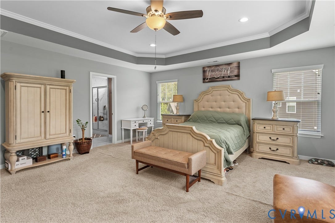 8800 Glen Royal Drive, Chesterfield, VA 23832 Bedroom featuring tray ceiling, recessed lighting, ceiling fan, and carpet flooring