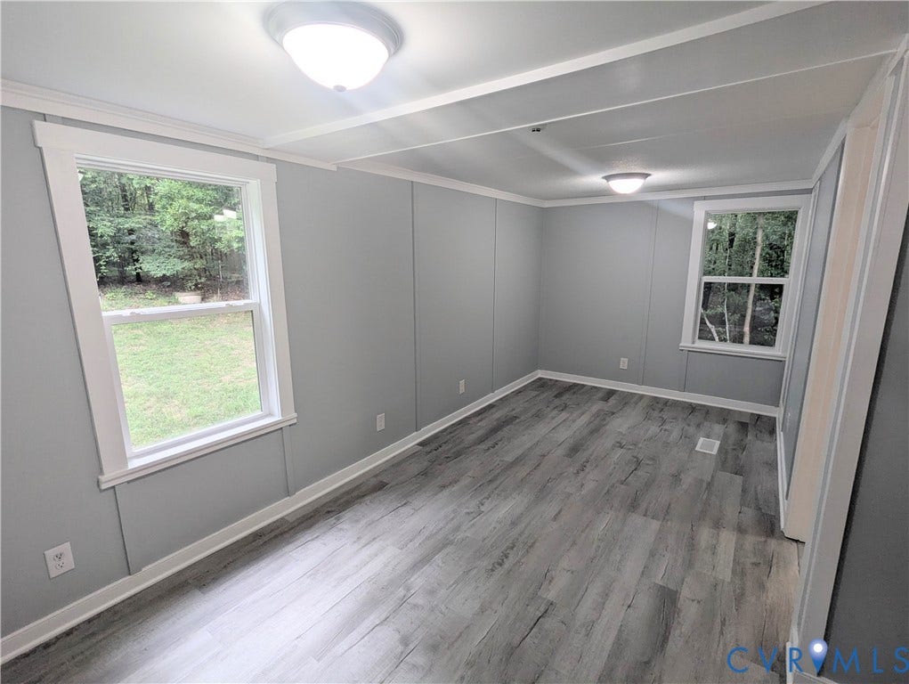 5959 Derwent Road, Powhatan, VA 23139 Room featuring two windows with white trim, gray wall paneling, and wood-finish flooring