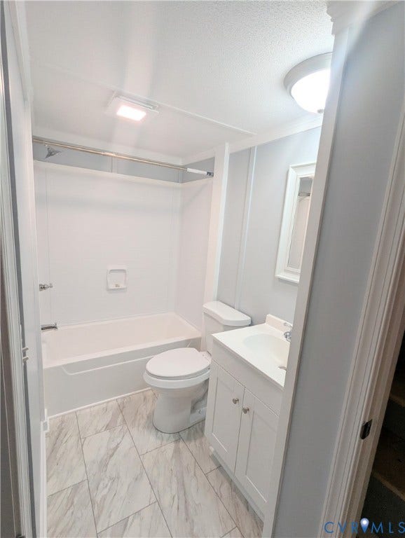 5959 Derwent Road, Powhatan, VA 23139 Bathroom featuring a white vanity with integrated sink, white toilet, and white bathtub with shower rod