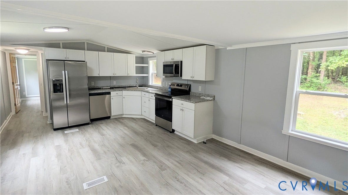 5959 Derwent Road, Powhatan, VA 23139 Well-appointed kitchen featuring white cabinetry, stainless steel appliances, granite-style countertops, and wood-finish flooring