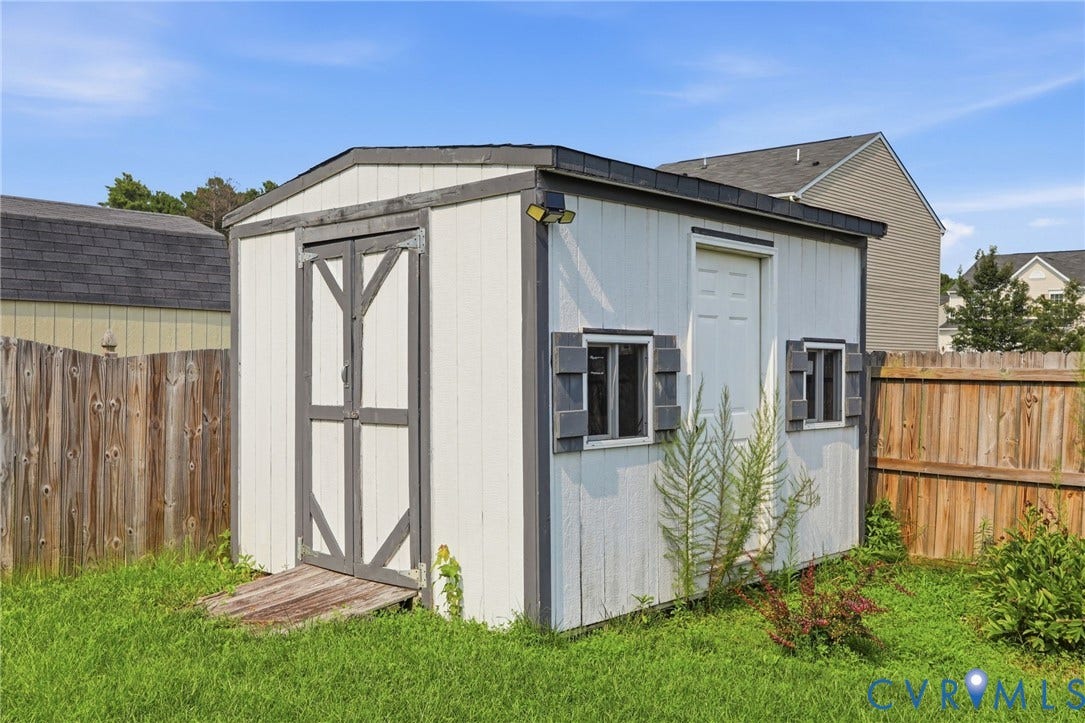 5713 Kings Grove Drive, Kings Grove, Chesterfield, VA 23832 Outdoor storage shed with white siding and gray trim, featuring a double barn-style door entry and two side windows with dark shutters