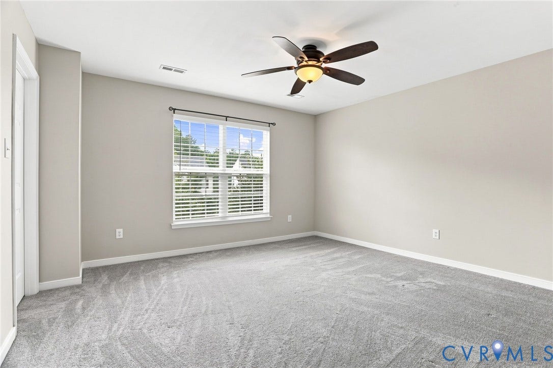 5713 Kings Grove Drive, Kings Grove, Chesterfield, VA 23832 Spacious room featuring neutral paint, gray carpeting, a large window with white blinds, and a ceiling fan with integrated lighting