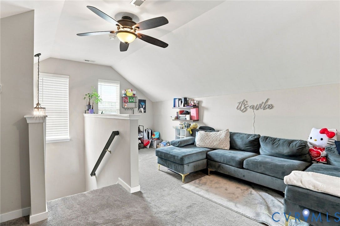 5713 Kings Grove Drive, Kings Grove, Chesterfield, VA 23832 Spacious bonus room featuring an angled ceiling, ceiling fan with integrated lighting, and carpet flooring