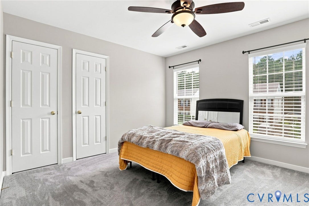5713 Kings Grove Drive, Kings Grove, Chesterfield, VA 23832 Interior room featuring light gray wall paint, gray carpet flooring, two white panel doors, and two windows with white blinds