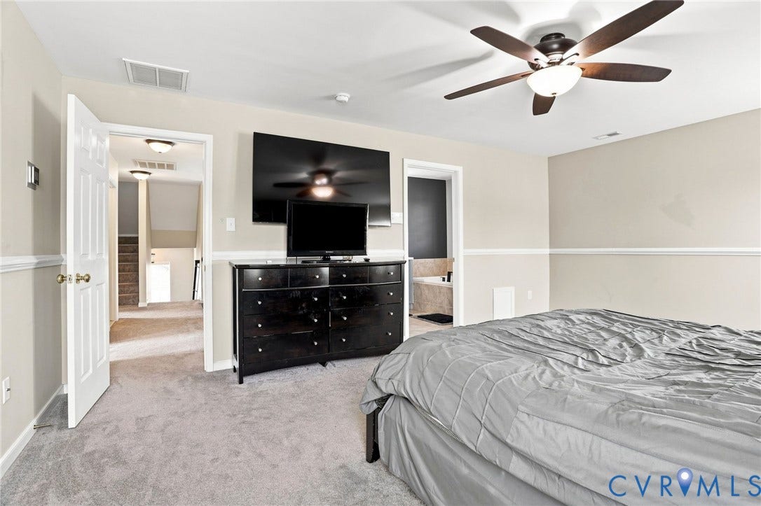 5713 Kings Grove Drive, Kings Grove, Chesterfield, VA 23832 Carpeted room with a ceiling fan with integrated lighting, chair rail molding, and a built-in wall-mounted television