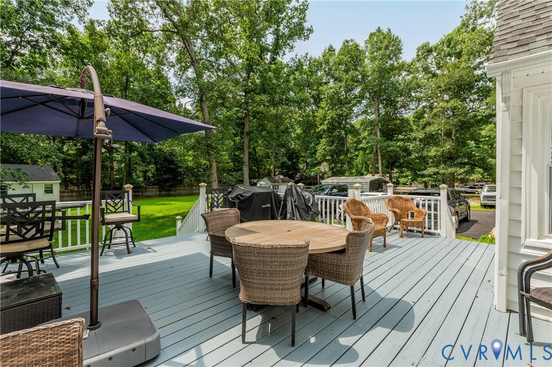11611 Riverpark Way, Chesterfield, VA 23838 Expansive outdoor deck featuring light gray wood-finish flooring, white railings, and a lush green lawn beyond