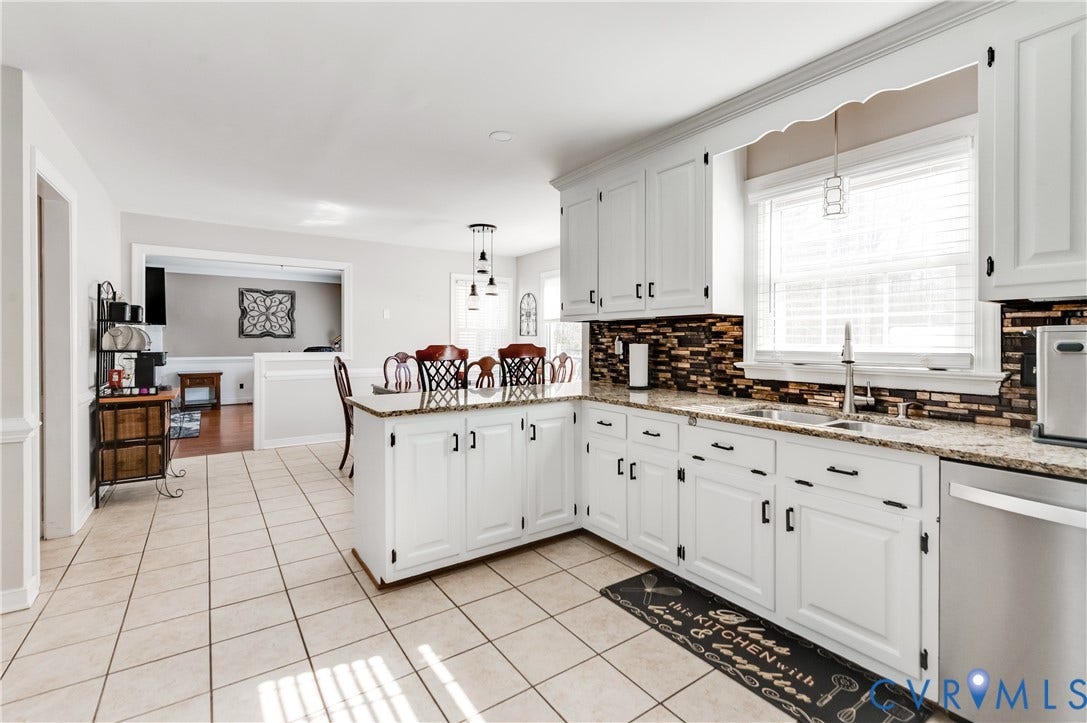 11611 Riverpark Way, Chesterfield, VA 23838 Kitchen featuring white cabinetry, granite countertops, a mosaic tile backsplash, stainless steel appliances, and tile flooring