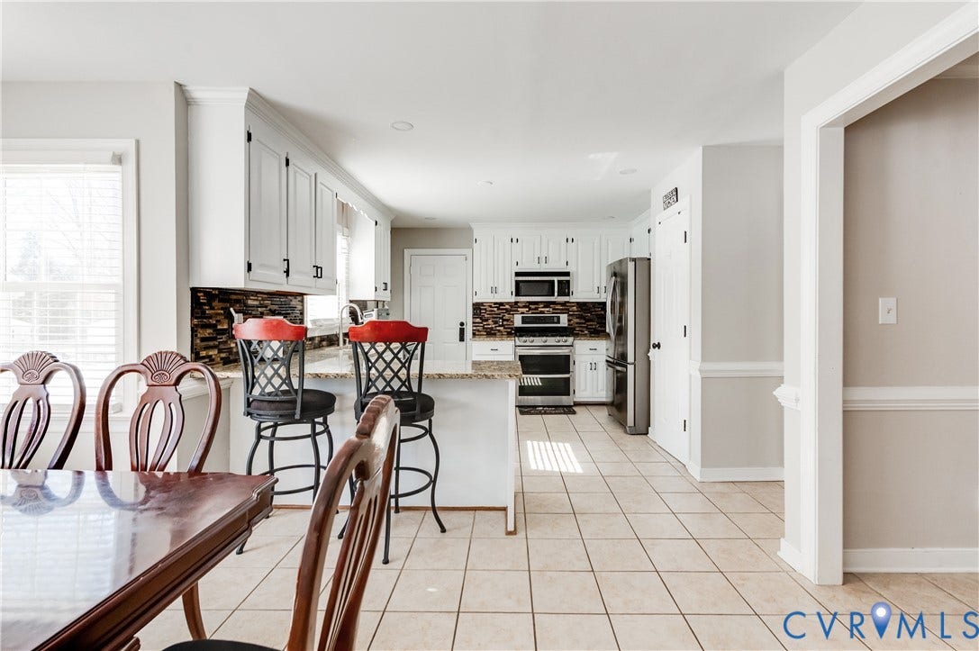 11611 Riverpark Way, Chesterfield, VA 23838 Kitchen featuring white cabinetry, stone-look backsplash, stainless steel appliances, and light-toned tile flooring