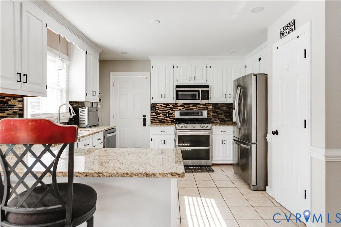 11611 Riverpark Way, Chesterfield, VA 23838 White cabinetry with matte black hardware, granite countertops, stainless steel appliances, and a mosaic tile backsplash