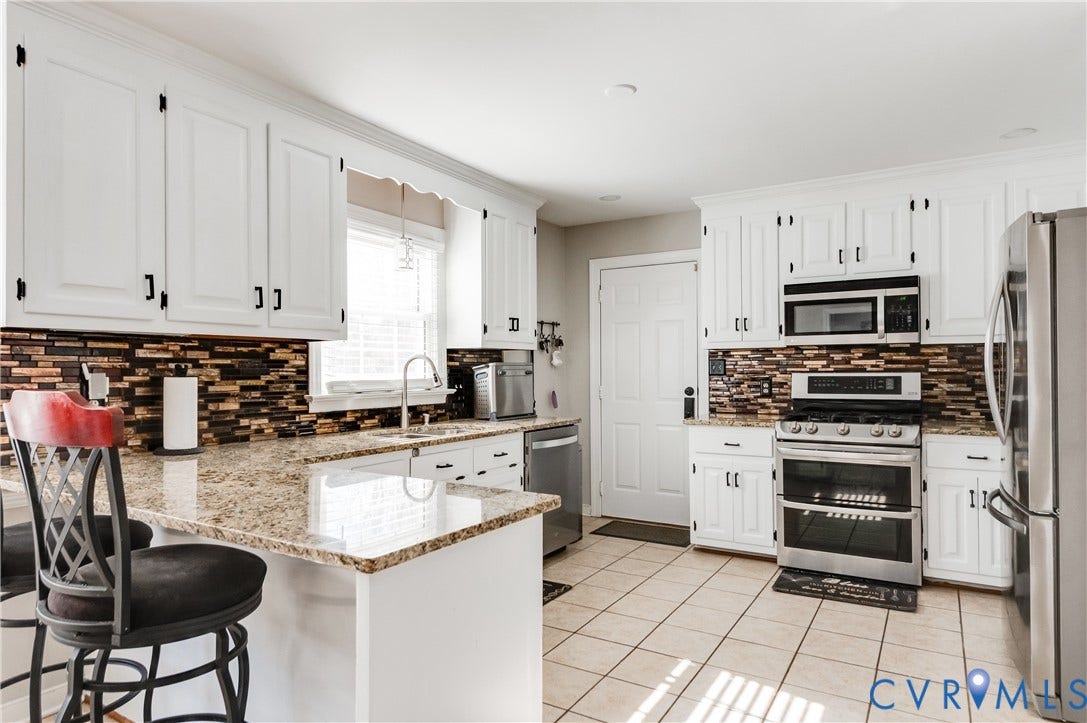 11611 Riverpark Way, Chesterfield, VA 23838 Kitchen featuring white cabinetry with dark hardware, a mosaic tile backsplash, and light-toned countertops
