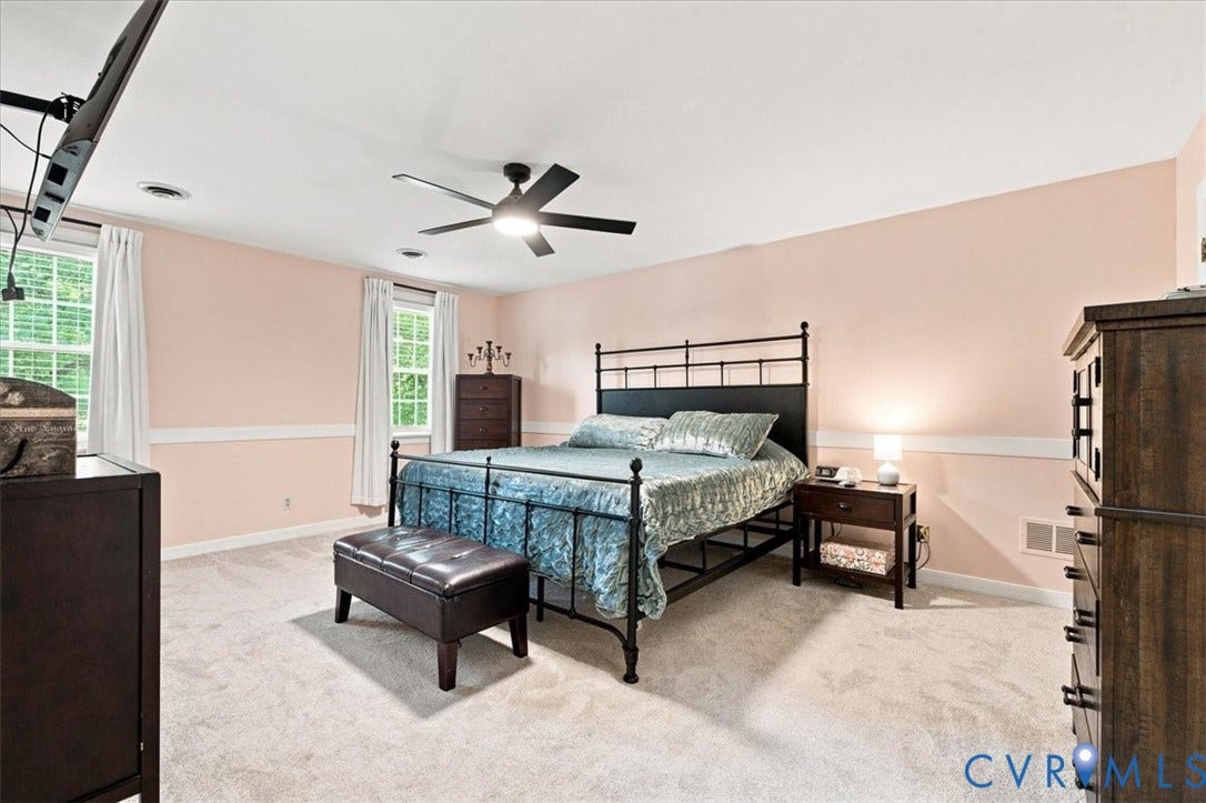 10204 Steuben Drive, Henrico, VA 23060 Spacious room featuring neutral carpeting, a ceiling fan, and multiple windows providing natural light