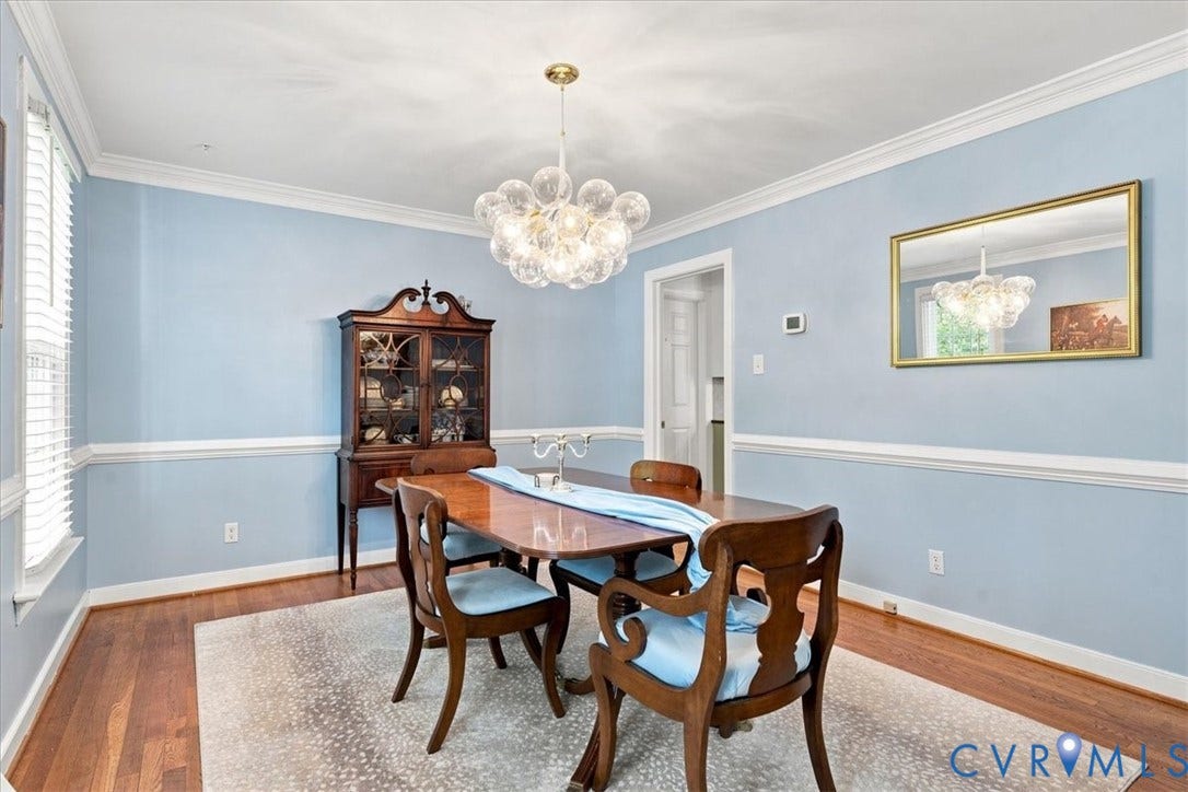 10204 Steuben Drive, Henrico, VA 23060 Dining area featuring wood-finish flooring, a contemporary bubble chandelier, and a decorative chair rail