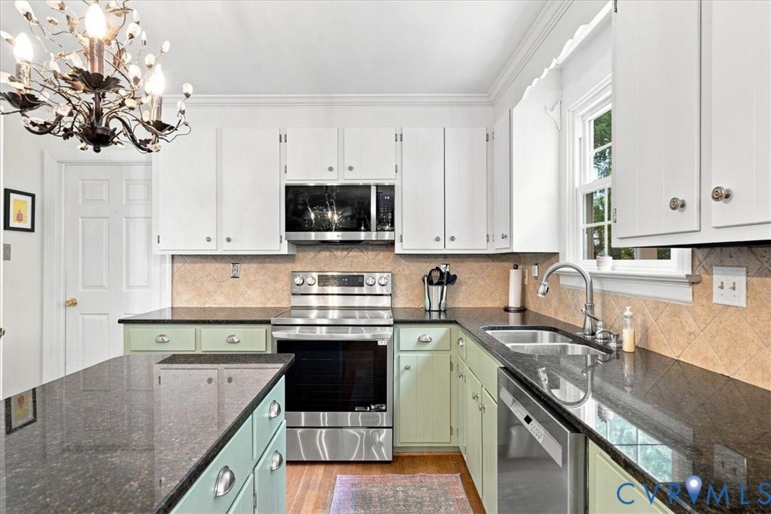 10204 Steuben Drive, Henrico, VA 23060 Bright kitchen with dark granite countertops, white upper cabinetry, and contrasting green lower cabinetry