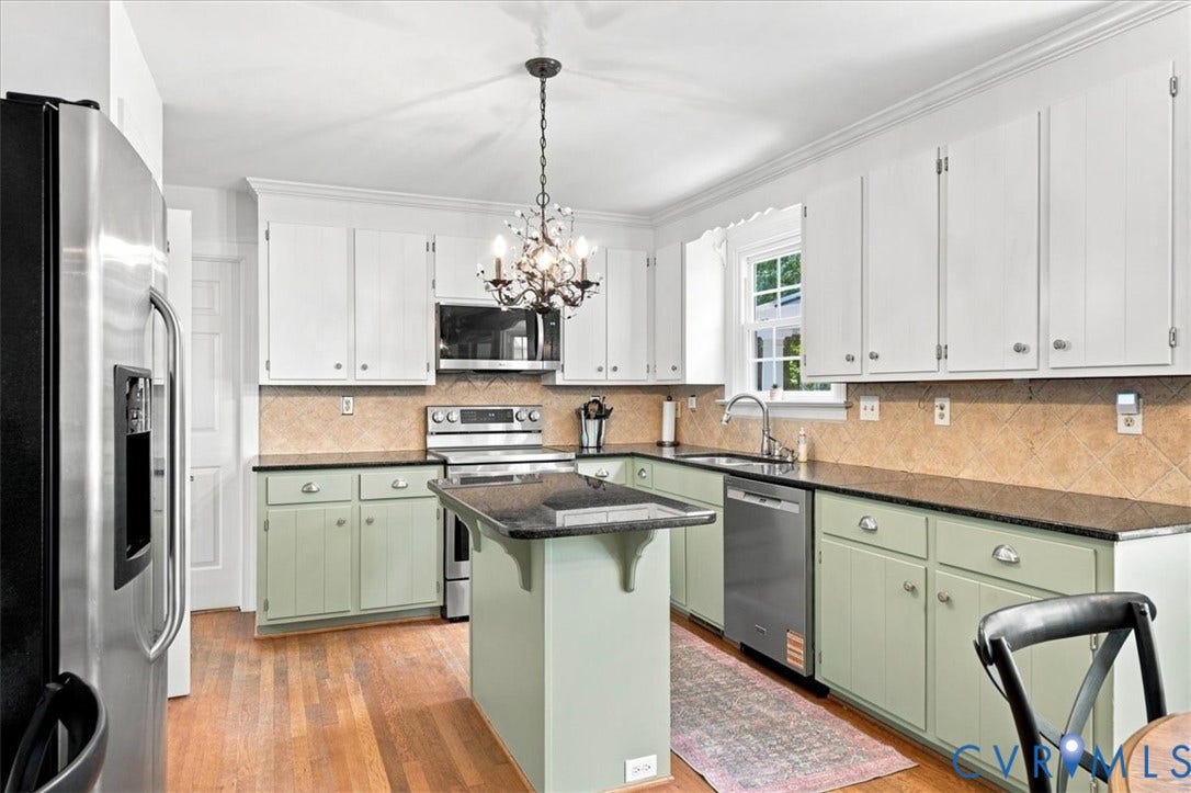 10204 Steuben Drive, Henrico, VA 23060 Kitchen featuring an island with a dark countertop, stainless steel appliances, upper white cabinetry, lower sage green cabinetry, and tile backsplash