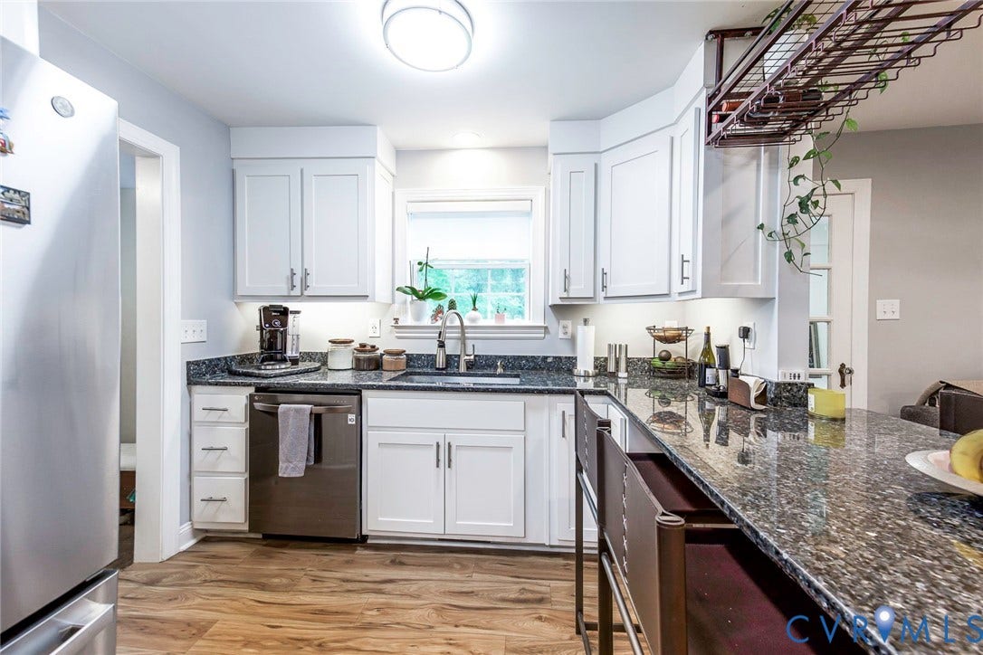 501 Pelham Drive, Richmond, VA 23222 Kitchen with white shaker-style cabinetry, dark speckled countertops, and wood-finish flooring