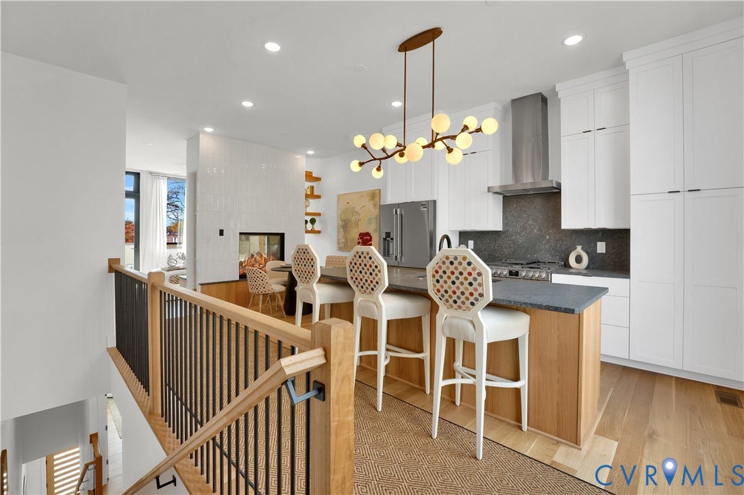 4506 1/2 Grove Avenue, Munford On Grove, Richmond, VA 23221 Open-concept kitchen featuring white cabinetry, a large center island with a wood-finish base and dark countertop, stainless steel appliances, and a modern globe chandelier
