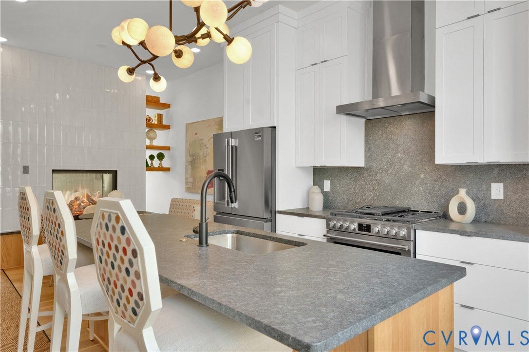 4506 1/2 Grove Avenue, Munford On Grove, Richmond, VA 23221 Modern kitchen featuring a large island with sink, stainless steel appliances, white cabinetry, and stone countertops