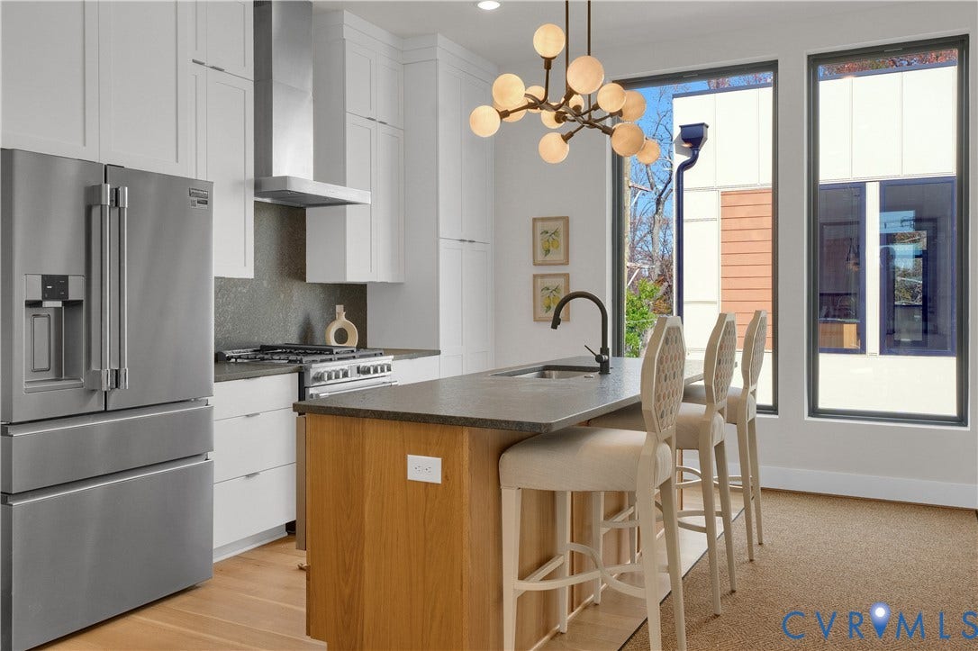 4506 1/2 Grove Avenue, Munford On Grove, Richmond, VA 23221 Kitchen with white cabinetry, stainless steel appliances, and a wood-finish island with a dark countertop