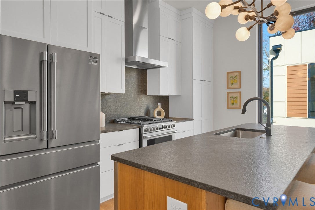 4506 1/2 Grove Avenue, Munford On Grove, Richmond, VA 23221 Modern kitchen featuring stainless steel appliances, a gas range with a matching range hood, and white cabinetry