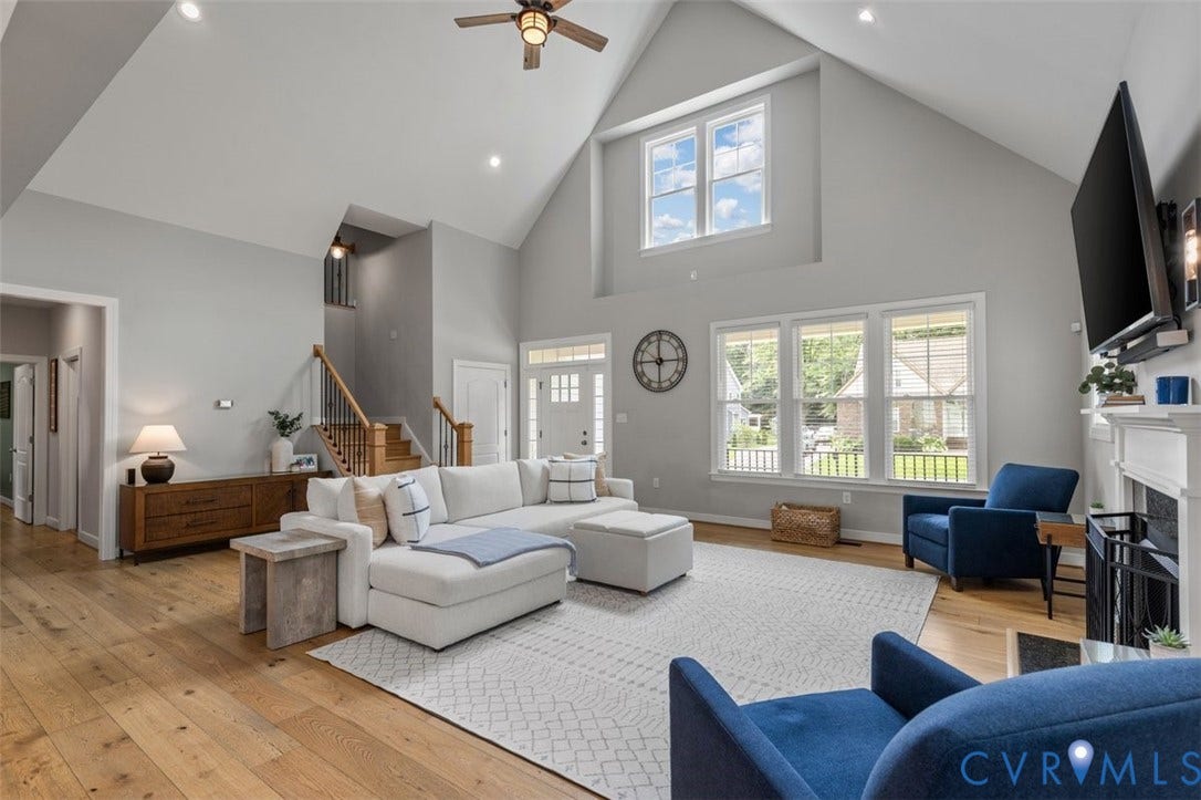 9081 Deerlake Drive, Charming, New Kent, VA 23124 Cathedral ceilings with recessed lighting and a ceiling fan, Gas Fireplace, and Wide plank LVP flooring
