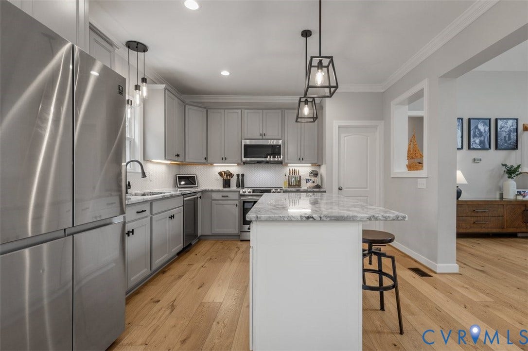 9081 Deerlake Drive, Charming, New Kent, VA 23124 Modern open kitchen with stainless steel appliances, island, large walk in pantry, updated light fixtures, and backsplash
