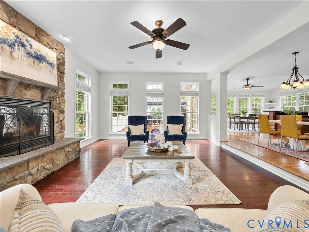 6100 Lilting Branch Way, Moseley, VA 23120 Stone-clad fireplace with a wood mantel