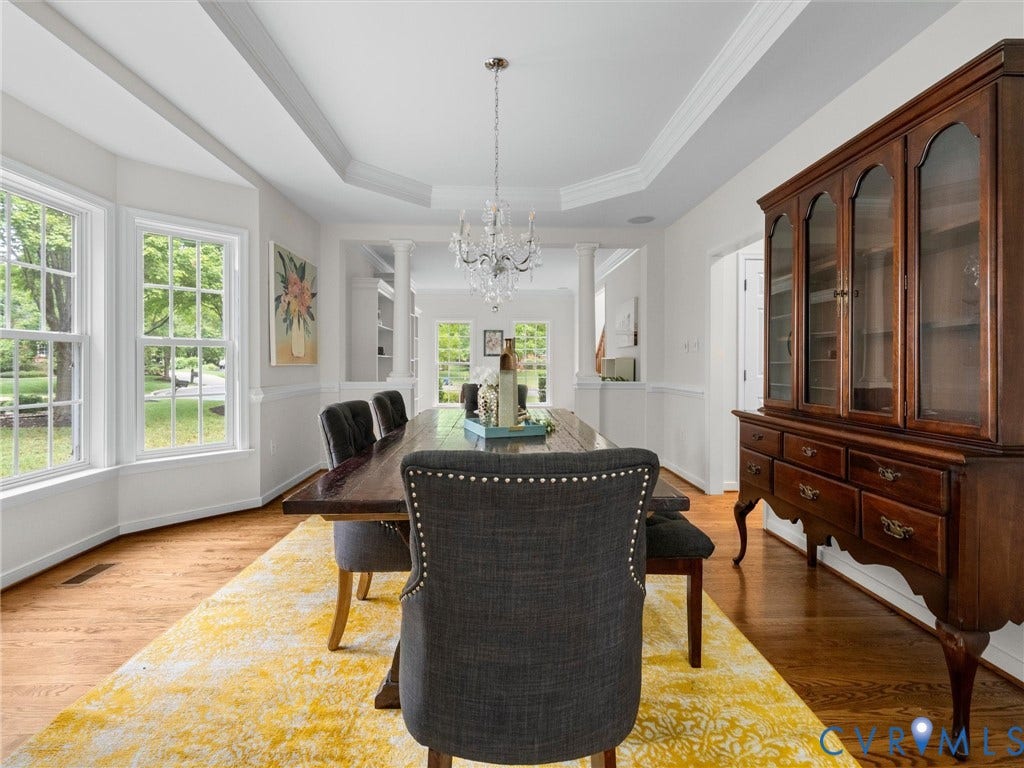 6100 Lilting Branch Way, Moseley, VA 23120 Hardwood flooring, bay window with multiple panes, elegant chandelier, tray ceiling, and white wainscoting